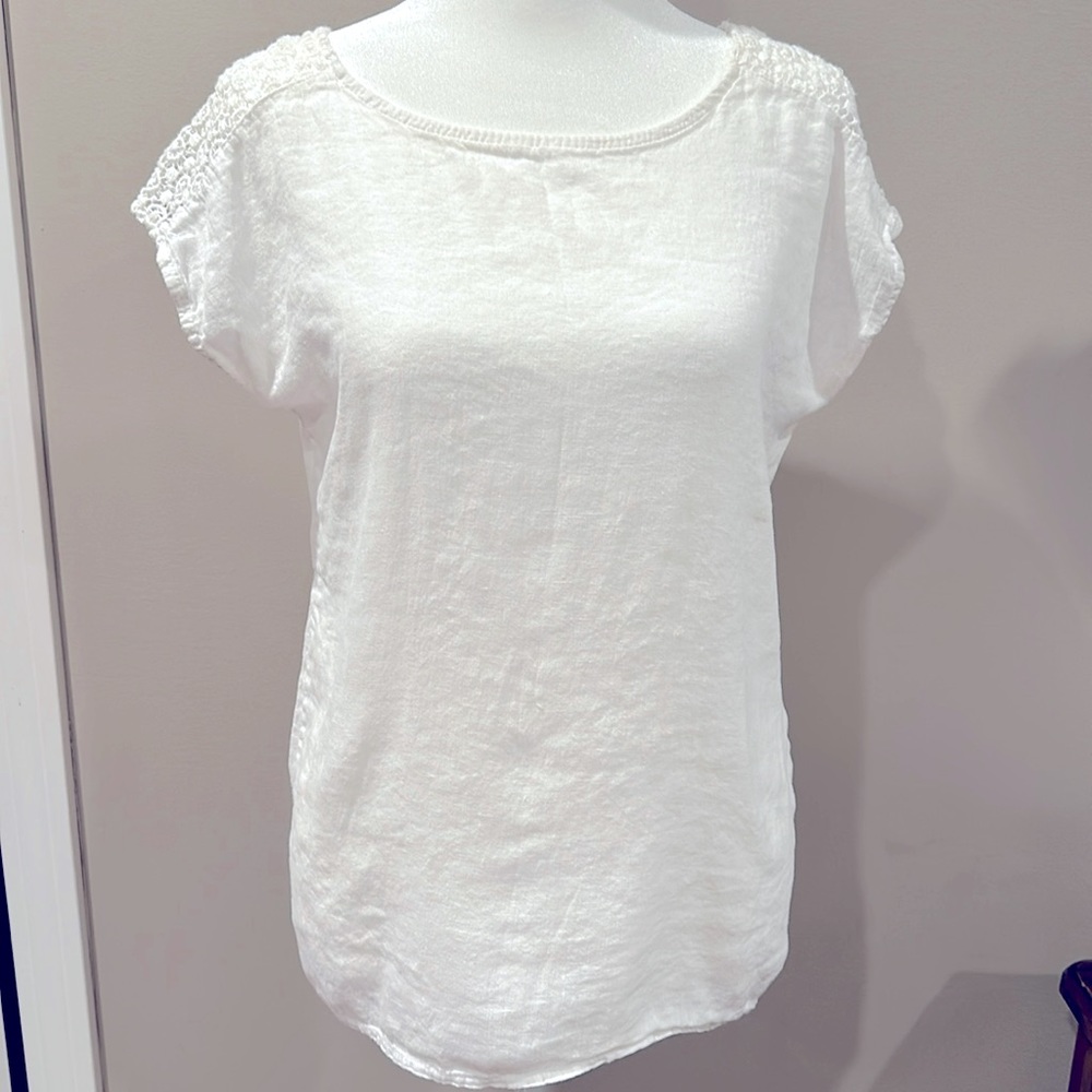 Alessia Pacini 100% Linen White High Low Hem Cap Lace Sleeve Top Size Small